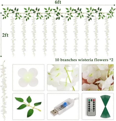 DEEMEI 20 Branches Wisteria Garlands Artificial Flowers Wisteria Vine Rattan Silk Hanging Flowers with LED Strings Lights for Wedding Arch Home Garden Outdoor Ceremony Decor in Kuwait