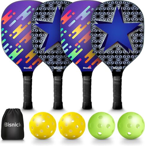 مجاذيف بيكل بول، مجموعة من 4 مجاذيف بيكلبول معتمدة من الولايات المتحدة الأمريكية، 2 كرات بيكلبول خارجية و2 داخلي وحقيبة حمل، مجداف بيكلبول ممتاز رائع للعائلة والرجال والنساء والمبتدئين in Kuwait