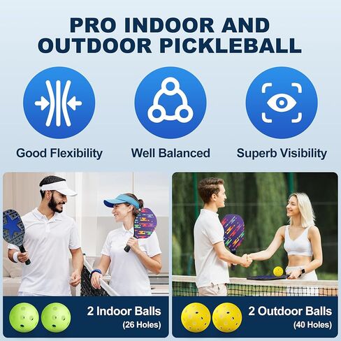 مجاذيف بيكل بول، مجموعة من 4 مجاذيف بيكلبول معتمدة من الولايات المتحدة الأمريكية، 2 كرات بيكلبول خارجية و2 داخلي وحقيبة حمل، مجداف بيكلبول ممتاز رائع للعائلة والرجال والنساء والمبتدئين in Kuwait