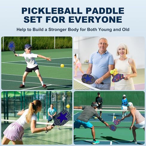 مجاذيف بيكل بول، مجموعة من 4 مجاذيف بيكلبول معتمدة من الولايات المتحدة الأمريكية، 2 كرات بيكلبول خارجية و2 داخلي وحقيبة حمل، مجداف بيكلبول ممتاز رائع للعائلة والرجال والنساء والمبتدئين in Kuwait