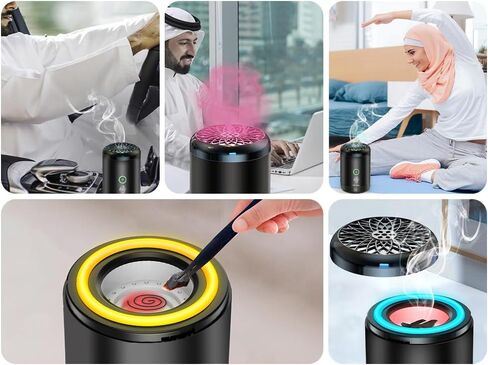 مبخرة كهربائية، بخور كهربائي محمول، مبخرة بخور إلكترونية عربية قابلة لإعادة الشحن عبر USB، مبخرة كهربائية للسيارة مع 16 لونًا من أضواء LED، تستخدم للسيارة والمنزل in Kuwait