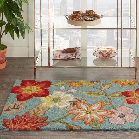 سجادة Nourison Fantasy Aqua مقاس 1'9 بوصة × 2'9 بوصة، حديثة، زهرية، غرفة نوم، غرفة معيشة، غرفة طعام، مطبخ، سهلة الغسيل، غير تساقط، (2 × 3 بوصة) in Saudi Arabia