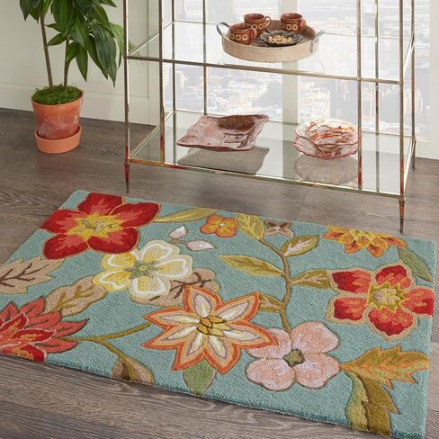 سجادة Nourison Fantasy Aqua مقاس 1'9 بوصة × 2'9 بوصة، حديثة، زهرية، غرفة نوم، غرفة معيشة، غرفة طعام، مطبخ، سهلة الغسيل، غير تساقط، (2 × 3 بوصة) in Saudi Arabia
