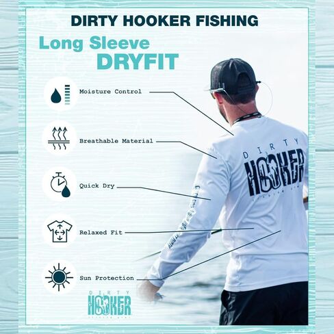 قميص صيد بأكمام طويلة من Dirty Hooker للرجال بشعار أزرق كلاسيكي - قميص للحماية من الأشعة فوق البنفسجية بأكمام طويلة للرجال - قميص سباحة مناسب للجفاف in Saudi Arabia