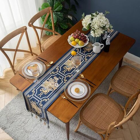 مفرش طاولة فاخر مطرز، مفرش طاولة طعام أزرق طويل، وشاح أنيق من قماش الجاكار مع شرابات متعددة لتزيين طاولة غرفة الطعام والحفلات والولائم، مقاس 14 × 71 بوصة in Kuwait