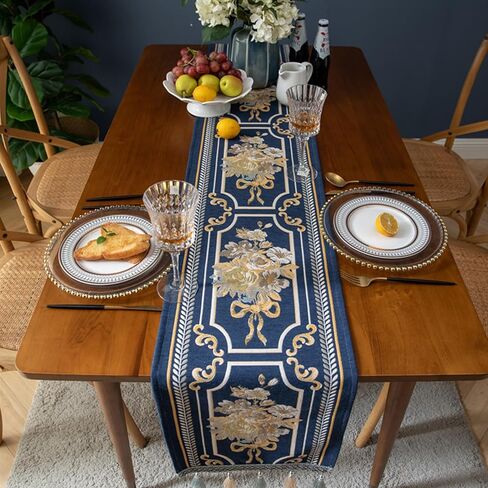 مفرش طاولة فاخر مطرز، مفرش طاولة طعام أزرق طويل، وشاح أنيق من قماش الجاكار مع شرابات متعددة لتزيين طاولة غرفة الطعام والحفلات والولائم، مقاس 14 × 71 بوصة in Kuwait