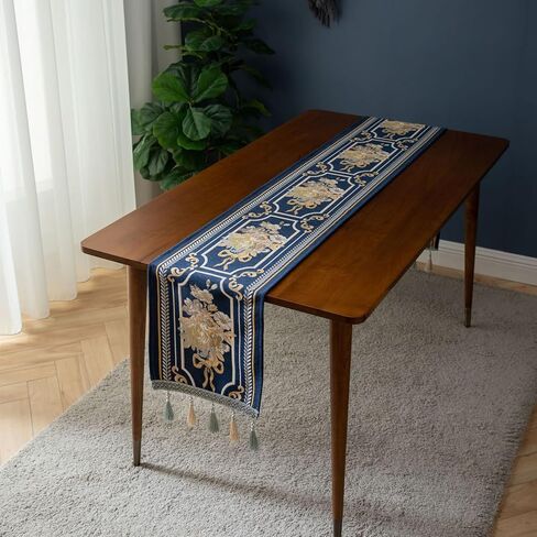 مفرش طاولة فاخر مطرز، مفرش طاولة طعام أزرق طويل، وشاح أنيق من قماش الجاكار مع شرابات متعددة لتزيين طاولة غرفة الطعام والحفلات والولائم، مقاس 14 × 71 بوصة in Kuwait