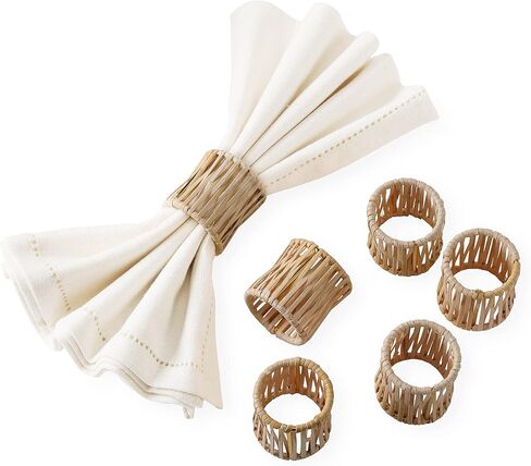 Folkulture Napkin Rings Set of 6, Farmhouse Napkin Rings for Dinner Tables, Napkin Rings Holder for Wedding, Housewarming, Home or for Parties, Handwoven Rattan in Saudi Arabia