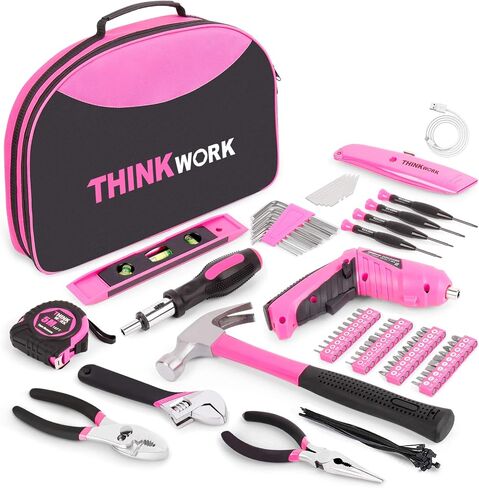 THINKWORK مجموعة أدوات وردية مكونة من 122 قطعة مع مفك براغي كهربائي قابل للدوران 3.6 فولت، مجموعة أدوات منزلية للنساء مع حقيبة مستديرة سهلة الحمل، مجموعة أدوات وردية للسيدات لصيانة المنزل، DIY، الهدايا in Saudi Arabia