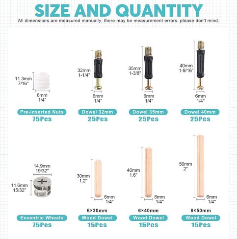 120Pcs Furniture Connecting Hardware Connectors Assortment Kit Including Cam Fitting Wood Dowel Pins and Pre-Inserted Nut and Furniture Crib Screws in Saudi Arabia