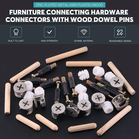 120Pcs Furniture Connecting Hardware Connectors Assortment Kit Including Cam Fitting Wood Dowel Pins and Pre-Inserted Nut and Furniture Crib Screws in Saudi Arabia