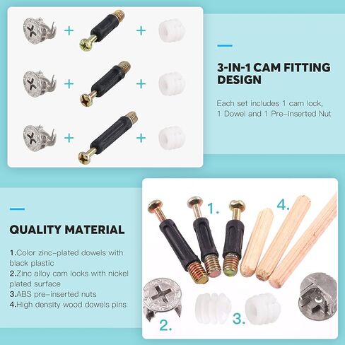 120Pcs Furniture Connecting Hardware Connectors Assortment Kit Including Cam Fitting Wood Dowel Pins and Pre-Inserted Nut and Furniture Crib Screws in Saudi Arabia