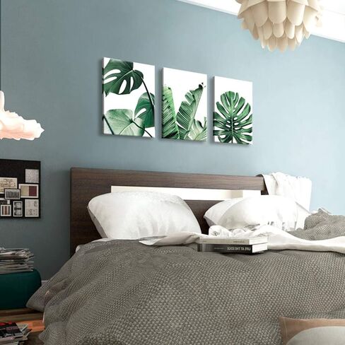 لوحة فنية جدارية من القماش باللون الأخضر، لوحة حياة بسيطة، ديكور جدار غرفة النوم، نبات Monstera، 3 قطع، صور قماشية مؤطرة، أعمال فنية معاصرة بالألوان المائية، جاهزة للتعليق لتزيين المنزل، ديكور جدار المكتب in Kuwait