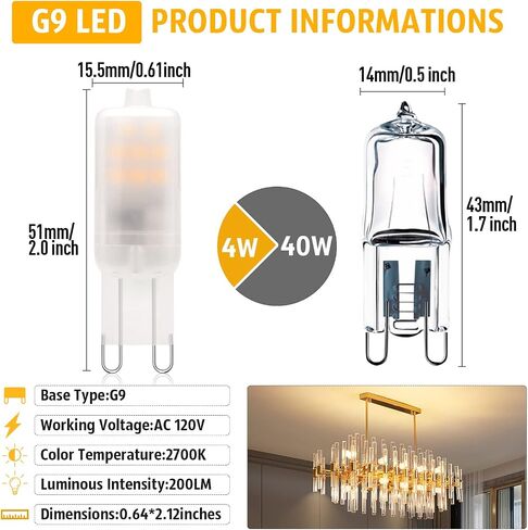 مصابيح G9 LED 2 وات (20 وات 25 وات مكافئ هالوجين) 2700 ك - 3000 ك أبيض دافئ، مصابيح إضاءة ثريا T4 قاعدة قياسية G9 Bi Pin، بدون وميض 120 فولت تيار متردد 200LM 360 درجة زاوية شعاع G9 لمبة إضاءة G9، حزمة غير قابلة للتعتيم من 10 in Saudi Arabia