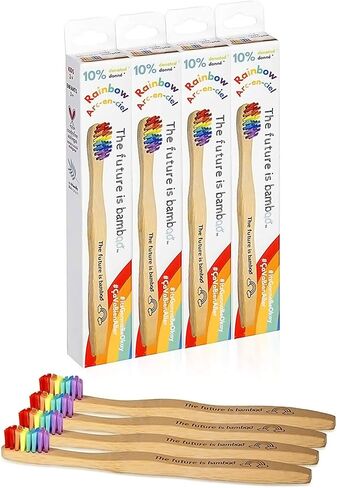 Rainbow Toothbrush for Kids, Pack of 4 Children’s Bamboo Toothbrushes Eco Friendly Biodegradable Wooden Handle Tooth Brush with Soft Wave Bristles in Saudi Arabia