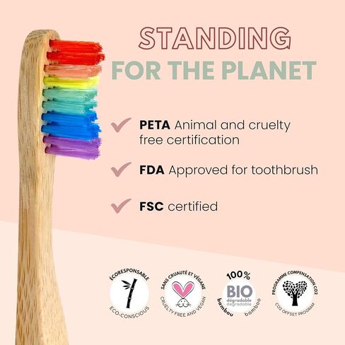 Rainbow Toothbrush for Kids, Pack of 4 Children’s Bamboo Toothbrushes Eco Friendly Biodegradable Wooden Handle Tooth Brush with Soft Wave Bristles in Saudi Arabia