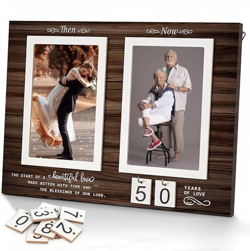 Then & Now Anniversary Picture Frame ,Holds 2 4x6 Inches Photos ,Personalized 1-99 Years 25th 40t 50th Wedding Gift Wood Photo Frames ,Picture Frame for Wall and Tabletop Display,Engagement Bridal in Saudi Arabia