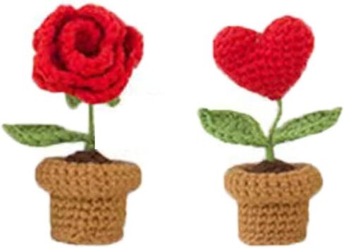نباتات صناعية صغيرة بوعاء زهور كروشيه مصنوعة يدويًا لديكور مكتب المكتب وديكور الرف - للهدايا، وأعياد الميلاد، وأفكار لعيد الحب (الورود والحب) in Saudi Arabia
