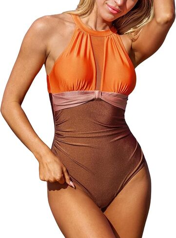 CUPSHE Women's One Piece Swimsuit Bathing Suit Ruched Tummy Control Mesh Color Block Swimwear Back Hook in Saudi Arabia