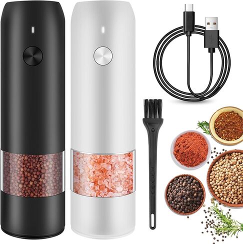 2Pack Electric Salt and Pepper Grinder Set, USB Rechargeable, Automatic Salt and Pepper Mill Grinder with Adjustable 6 Levels of Coarseness, LED Light, Refillable, Easy to Use with Just One Hand. in Saudi Arabia