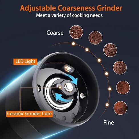 2Pack Electric Salt and Pepper Grinder Set, USB Rechargeable, Automatic Salt and Pepper Mill Grinder with Adjustable 6 Levels of Coarseness, LED Light, Refillable, Easy to Use with Just One Hand. in Saudi Arabia
