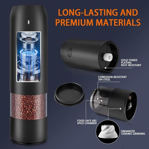 2Pack Electric Salt and Pepper Grinder Set, USB Rechargeable, Automatic Salt and Pepper Mill Grinder with Adjustable 6 Levels of Coarseness, LED Light, Refillable, Easy to Use with Just One Hand. in Saudi Arabia