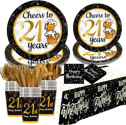 21st birthday decorations for him her - (Total 169pcs) black gold Birthday supplies Plates and Napkins, Cups, Knives, Forks, Spoons Included, tablecloth, Disposable Tableware for 24 Guests in Saudi Arabia