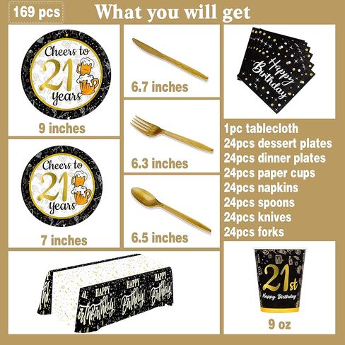 21st birthday decorations for him her - (Total 169pcs) black gold Birthday supplies Plates and Napkins, Cups, Knives, Forks, Spoons Included, tablecloth, Disposable Tableware for 24 Guests in Saudi Arabia