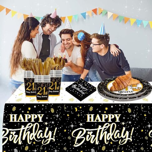 21st birthday decorations for him her - (Total 169pcs) black gold Birthday supplies Plates and Napkins, Cups, Knives, Forks, Spoons Included, tablecloth, Disposable Tableware for 24 Guests in Saudi Arabia