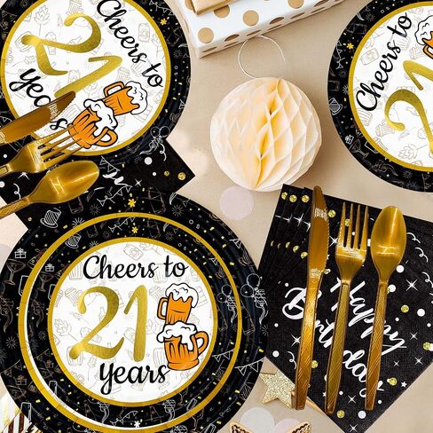 21st birthday decorations for him her - (Total 169pcs) black gold Birthday supplies Plates and Napkins, Cups, Knives, Forks, Spoons Included, tablecloth, Disposable Tableware for 24 Guests in Saudi Arabia