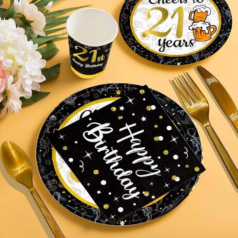 21st birthday decorations for him her - (Total 169pcs) black gold Birthday supplies Plates and Napkins, Cups, Knives, Forks, Spoons Included, tablecloth, Disposable Tableware for 24 Guests in Saudi Arabia