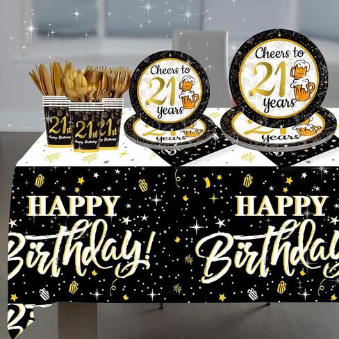 21st birthday decorations for him her - (Total 169pcs) black gold Birthday supplies Plates and Napkins, Cups, Knives, Forks, Spoons Included, tablecloth, Disposable Tableware for 24 Guests in Saudi Arabia