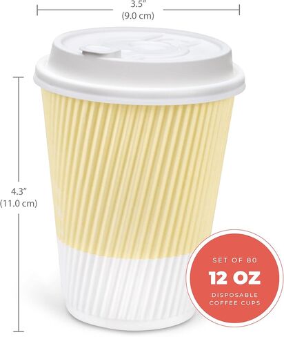 Disposable Coffee Cups With Lids - 12 oz To Go Coffee Cup With Lid (80 Set). Durable Togo Travel Paper Hot Cups Insulated For Hot and Cold Beverage Drinks, No Sleeves Needed (Assorted) in Saudi Arabia