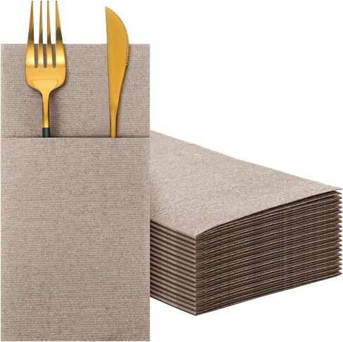 Seajan 35 Pieces Pocket Napkins, Linen Feel Napkins, Disposable Airlaid Paper Napkins Prefolded Dinner Napkins with Built in Flatware Pocket for Silverware Wedding Party(Champagne) in Saudi Arabia