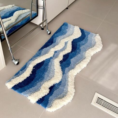 4x2ft Tufted Ocean Waves Area Rug for Bedside Bathroom Living Room, 3D High-Low Pile Absorbent Machine Washable with Nonslip Backing in Saudi Arabia