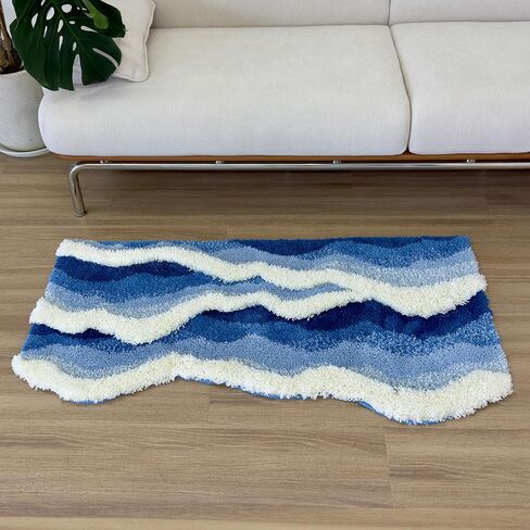 4x2ft Tufted Ocean Waves Area Rug for Bedside Bathroom Living Room, 3D High-Low Pile Absorbent Machine Washable with Nonslip Backing in Saudi Arabia