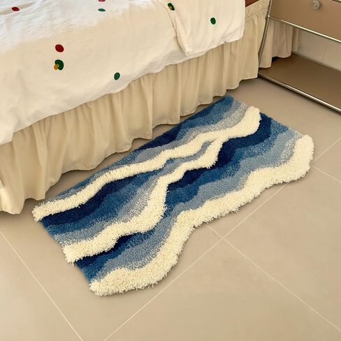 4x2ft Tufted Ocean Waves Area Rug for Bedside Bathroom Living Room, 3D High-Low Pile Absorbent Machine Washable with Nonslip Backing in Saudi Arabia