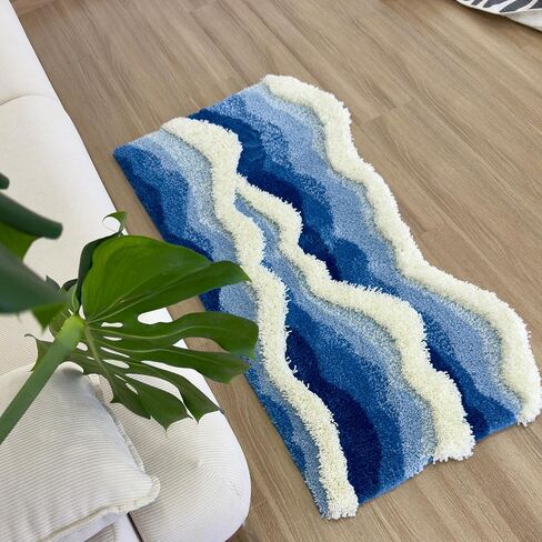4x2ft Tufted Ocean Waves Area Rug for Bedside Bathroom Living Room, 3D High-Low Pile Absorbent Machine Washable with Nonslip Backing in Saudi Arabia