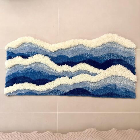4x2ft Tufted Ocean Waves Area Rug for Bedside Bathroom Living Room, 3D High-Low Pile Absorbent Machine Washable with Nonslip Backing in Saudi Arabia