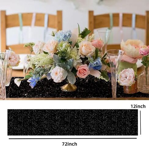 أسود الترتر الجدول عداء 1pack 12 × 108 بوصة العداءين الجدول طويلة، بريق نسيج لامع عداء لجولة مستطيلة الجدول الزينة حفل استقبال الحدث الزفاف عيد ميلاد عيد الهالوين التخرج in Kuwait