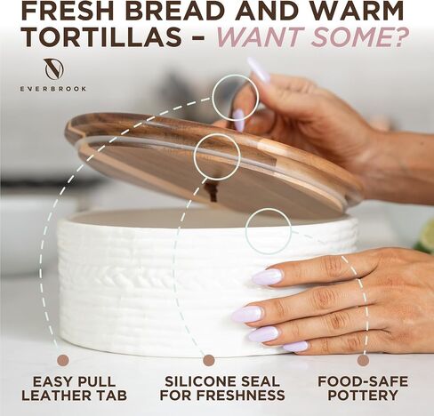 Authentic Wood and Ceramic Tortilla Warmer - Tortilla Holder - Bread Warmer - Pancake Warmer - Tortilla Holder with Lid - Tortilla Steamer - Taco Shell Warmer - White Tortilla Warmer in Saudi Arabia