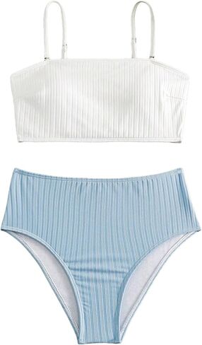 SweatyRocks Women's 2 Piece Color Block Bikini Set Lace Back Up Spaghetti Strap Swimsuit High Waist Bathing Suit in Saudi Arabia