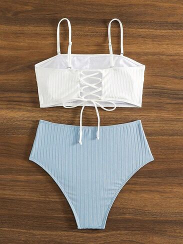 SweatyRocks Women's 2 Piece Color Block Bikini Set Lace Back Up Spaghetti Strap Swimsuit High Waist Bathing Suit in Saudi Arabia