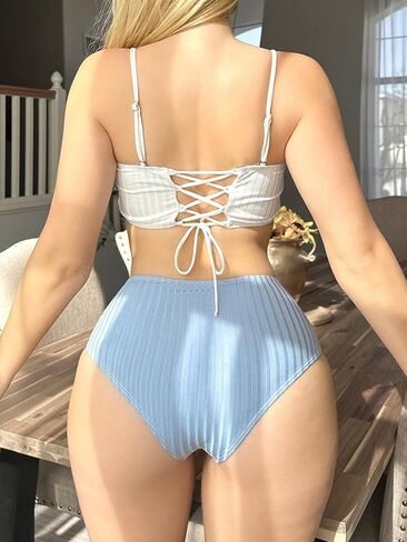 SweatyRocks Women's 2 Piece Color Block Bikini Set Lace Back Up Spaghetti Strap Swimsuit High Waist Bathing Suit in Saudi Arabia