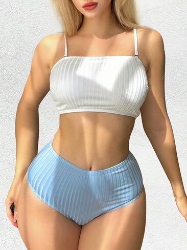 SweatyRocks Women's 2 Piece Color Block Bikini Set Lace Back Up Spaghetti Strap Swimsuit High Waist Bathing Suit in Saudi Arabia