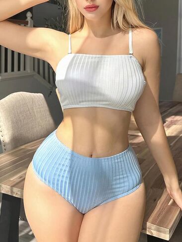 SweatyRocks Women's 2 Piece Color Block Bikini Set Lace Back Up Spaghetti Strap Swimsuit High Waist Bathing Suit in Saudi Arabia