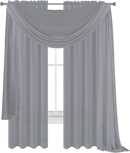 Black Window Sheer Curtains with Matching Scarf 2 Voile Panels and 1 Valance for Bedroom Living Room, Decorative Curtains, Solid Sheer Curtains Set of 3: Panels 2 + 1 Scarf (Black) in Saudi Arabia