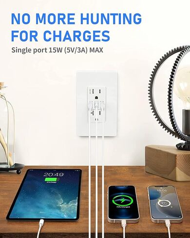 منفذ حائط USB 30 وات 6 أمبير بـ 3 منافذ GaN، وعاء مقاوم للعبث بقدرة 15 أمبير مع منفذين USB من النوع A ومنفذ واحد من النوع C، شاحن USB لأجهزة iPhone/iPad/Samsung/LG/HTC، مدرج في قائمة UL - عبوتان in Saudi Arabia