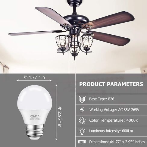 لمبة Cotanic A15 LED، مصابيح مروحة السقف 6 وات (ما يعادل 60 وات)، ضوء نهاري طبيعي 4000 كلفن، ضوء قاعدة E26 قياسي، 600 لومن، CRI 80+ لمبة على شكل كرة أرضية LED، غير قابلة للتعتيم، 6 عبوات in Kuwait