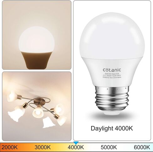 لمبة Cotanic A15 LED، مصابيح مروحة السقف 6 وات (ما يعادل 60 وات)، ضوء نهاري طبيعي 4000 كلفن، ضوء قاعدة E26 قياسي، 600 لومن، CRI 80+ لمبة على شكل كرة أرضية LED، غير قابلة للتعتيم، 6 عبوات in Kuwait